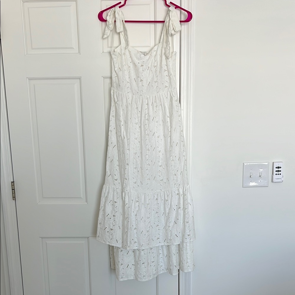 Red Dress Boutique White Embroidered Lace Midi Dress with Tie Sleeves